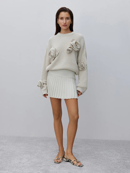 Gemütlicher 3D-Rosen-Strickpullover mit lockerem, lässigem Schnitt