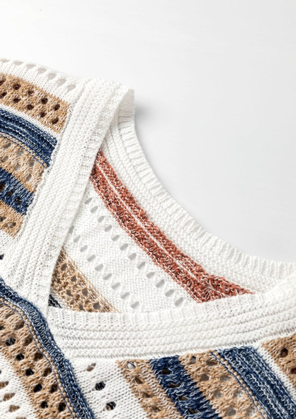 Lyann® | Gestreiftes Strickoberteil mit Lochmuster und halblangen Ärmeln
