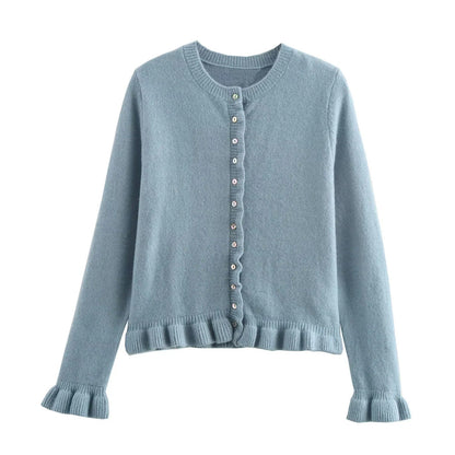 Damen-Cardigan mit Rüschensaum und Knopfleiste, schickes Lagenoberteil