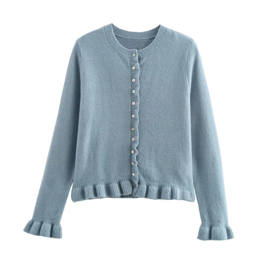 Damen-Cardigan mit Rüschensaum und Knopfleiste, schickes Lagenoberteil