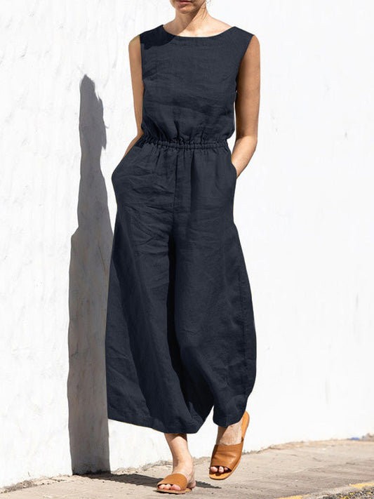 Ärmelloser Jumpsuit mit weitem Bein und hoher Taille