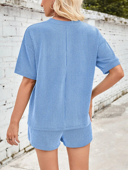 Damen Rundhals Halbarm Oberteil und Shorts mit Kordelzug Set