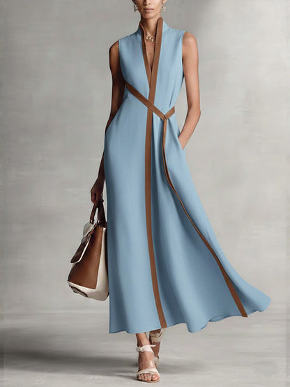 Damen ärmelloses Kleid mit Stehkragen aus Baumwoll-Leinen, leger