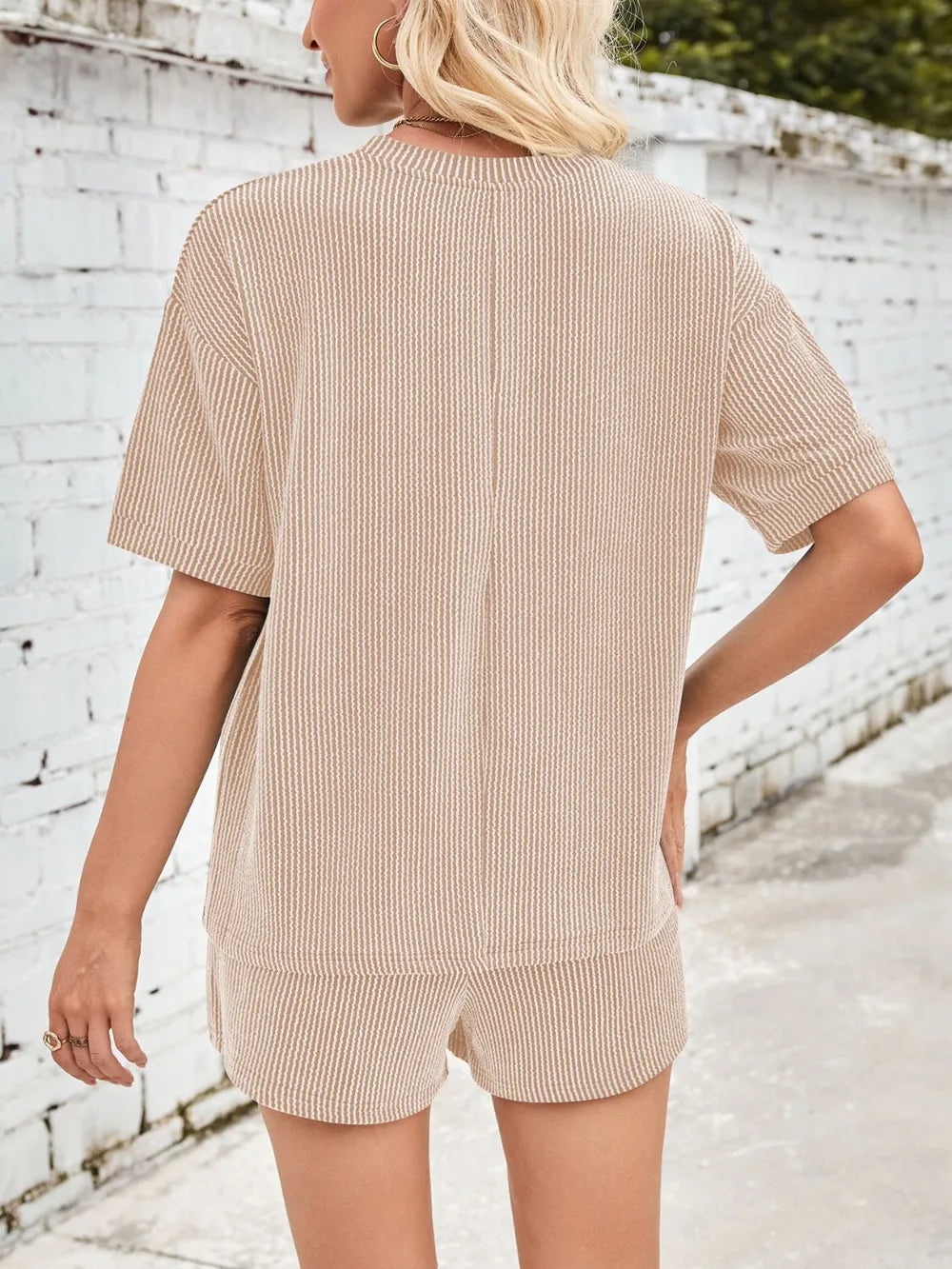 Damen Rundhals Halbarm Oberteil und Shorts mit Kordelzug Set