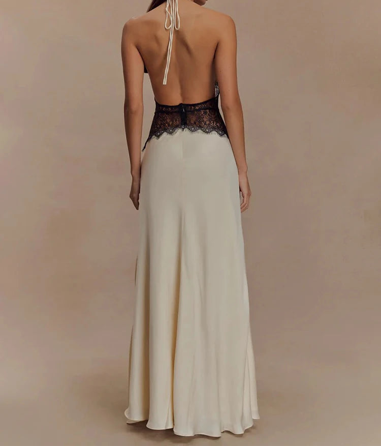 Maxikleid mit Neckholder, Spitzenbesatz und rückenfreiem Design