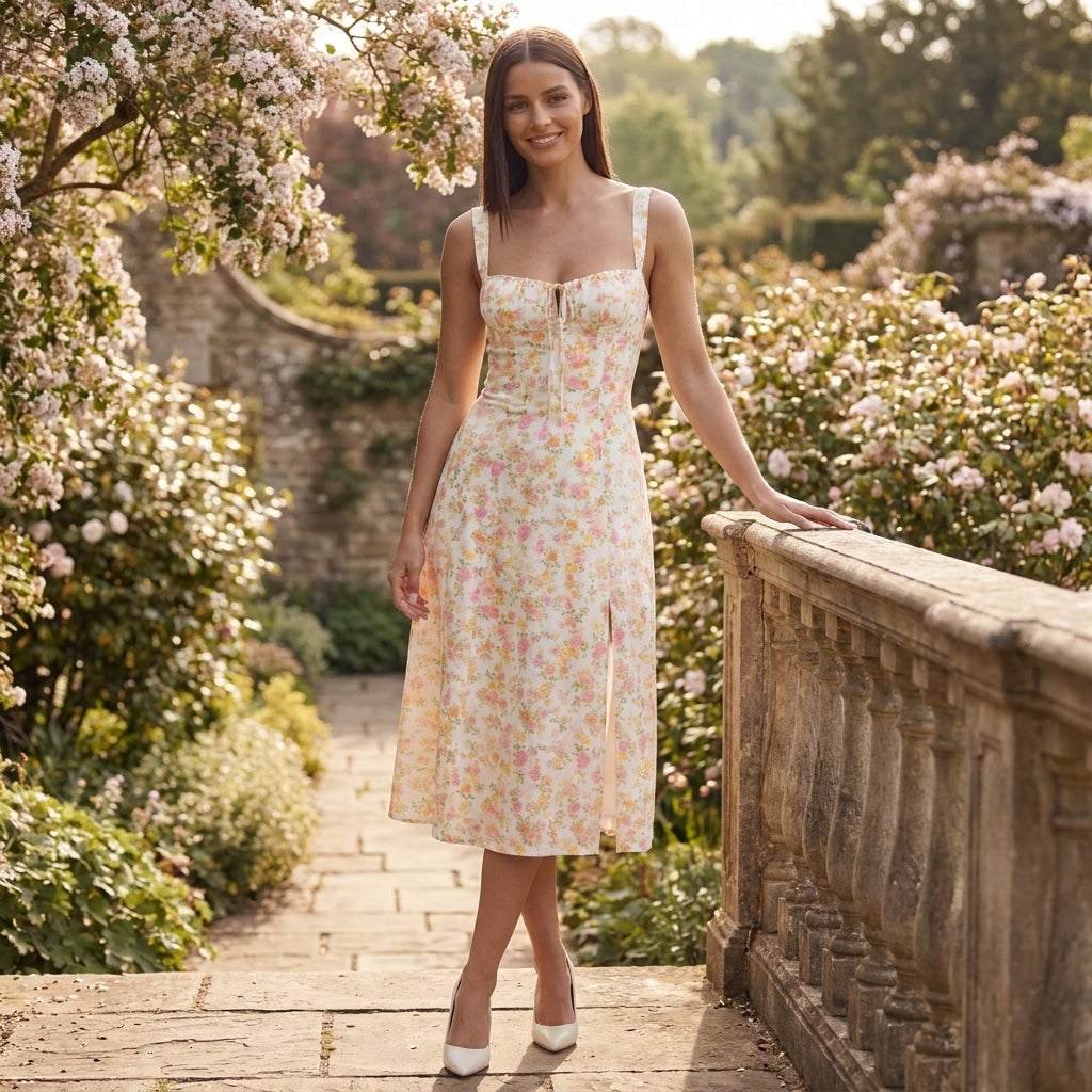 Damen Midikleid mit Blumenmuster Hochzeitsgastkleid