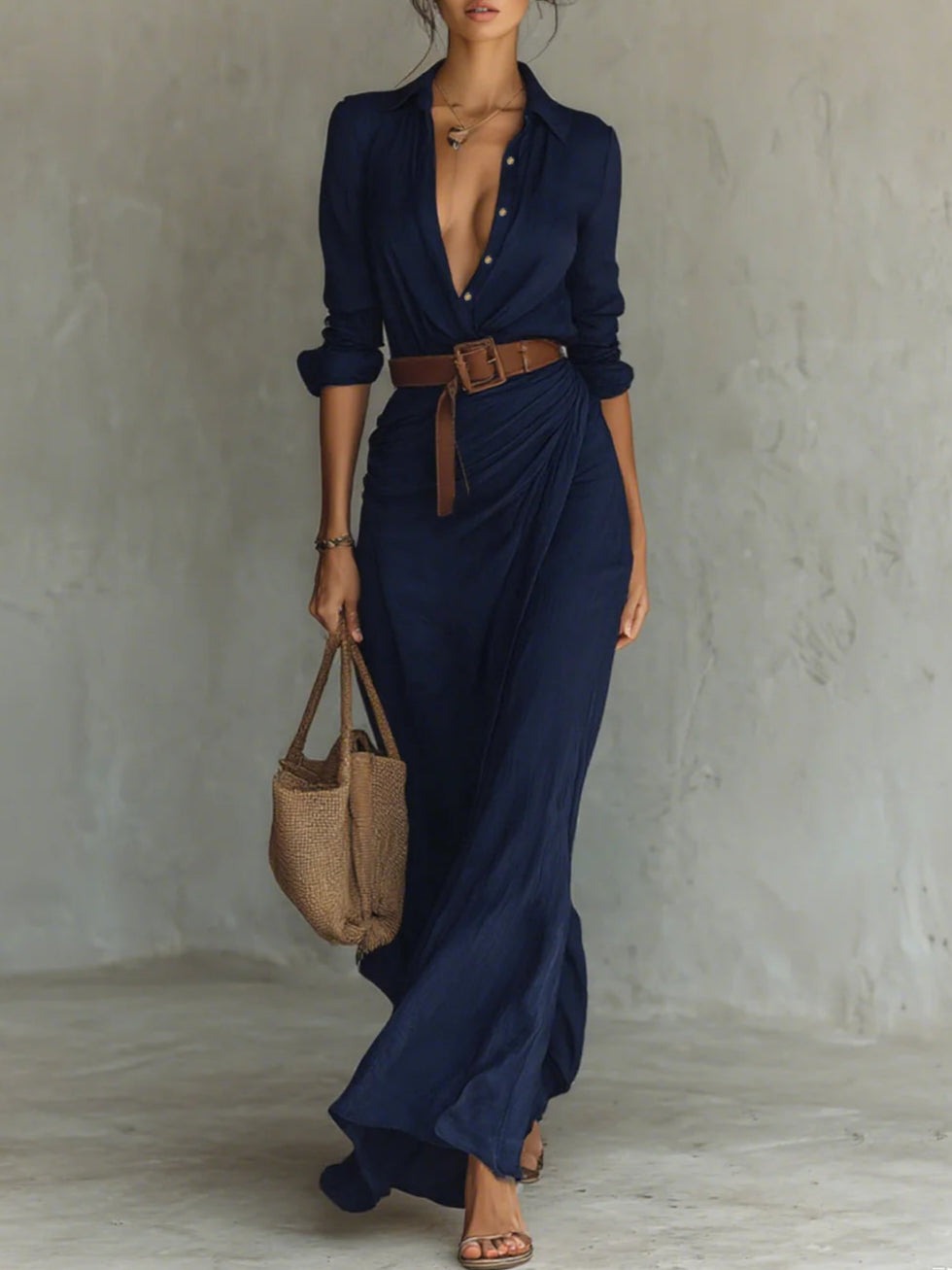 Elegantes, langärmliges, tailliertes Maxikleid mit Reverskragen