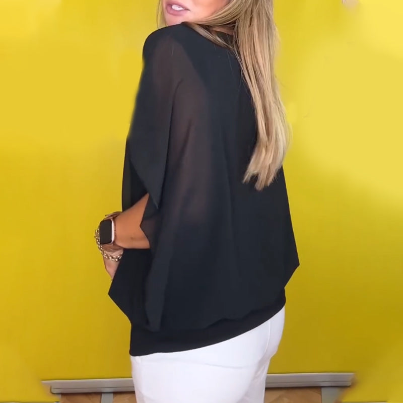 Leichtes Chiffon-Oberteil mit kurzen Ärmeln und Reißverschluss-Detail