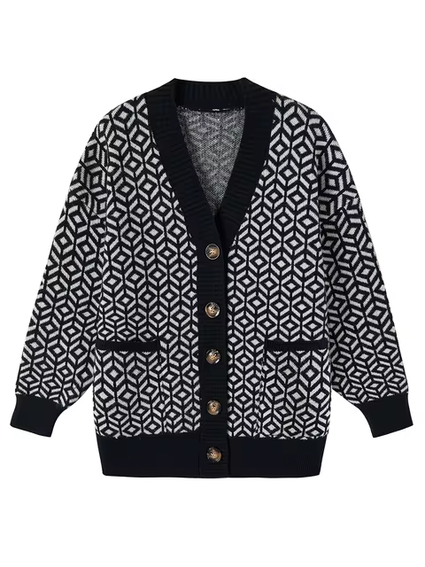 Gemütliche geometrische Strickjacke mit Knöpfen
