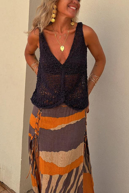 Boho Gestricktes V-Ausschnitt Hohl Lockeres Tanktop