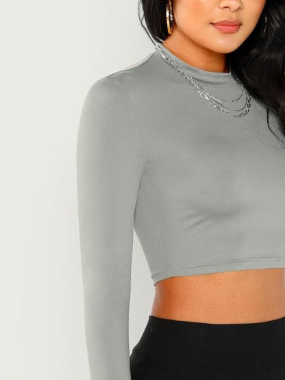 Damen Slim Fit Stehkragen Langarm Crop Top