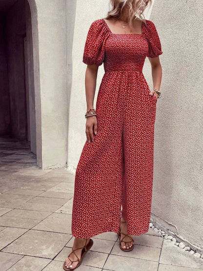 Damen Jumpsuit mit bedrucktem Karree-Ausschnitt und Puffärmeln