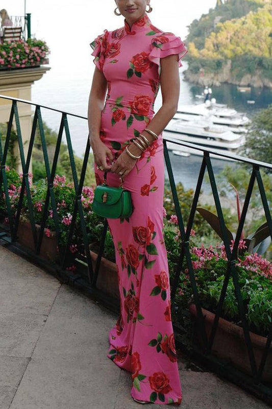 Floral Cheongsam Maxikleid mit eleganten ausgestellten Ärmeln