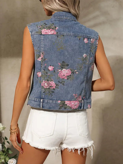 Ärmellose Damen-Jeansweste mit Blumenmuster im Vintage-Sommerstil