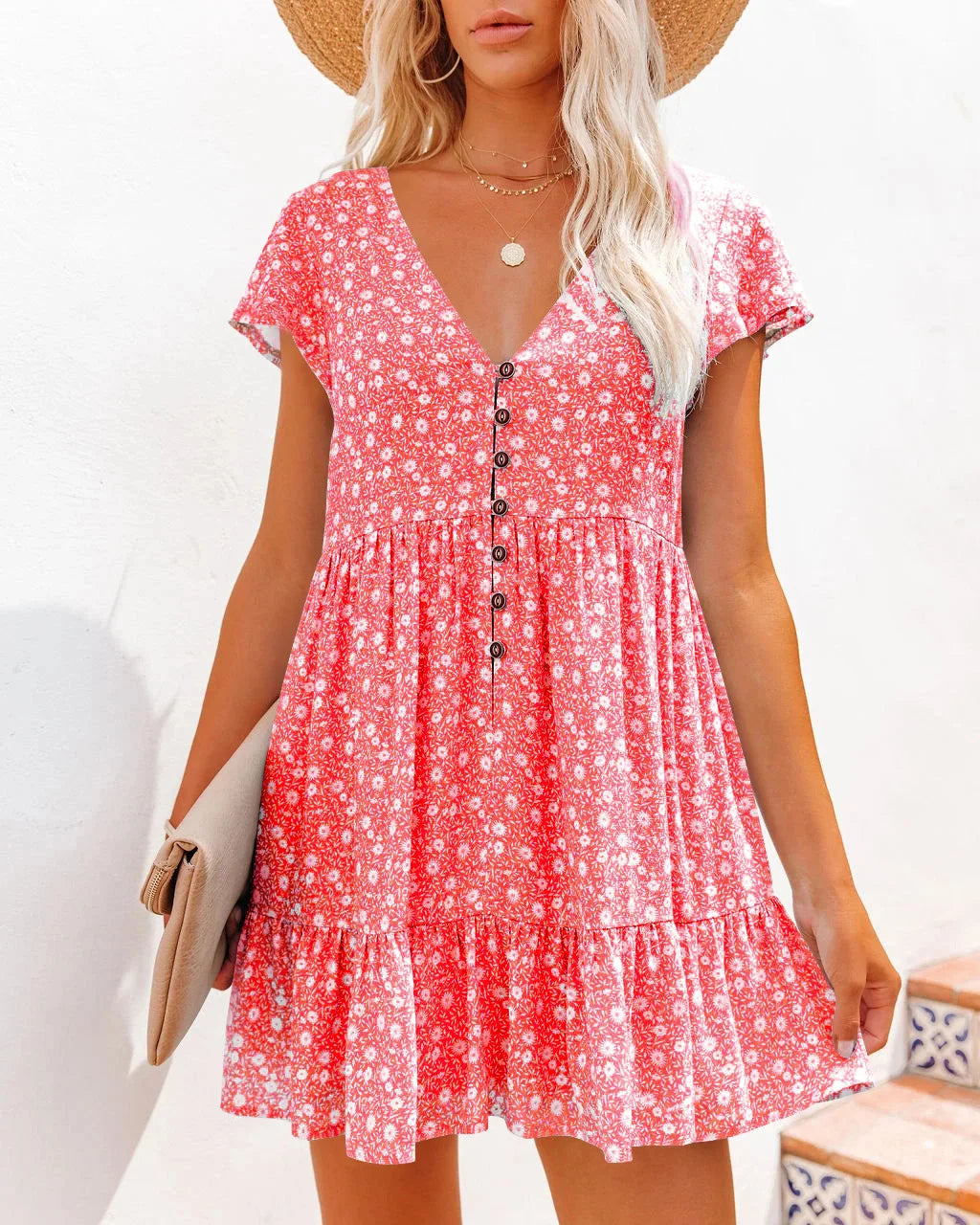 Damen Sommer Blumen V-Ausschnitt A-Linien Minikleid