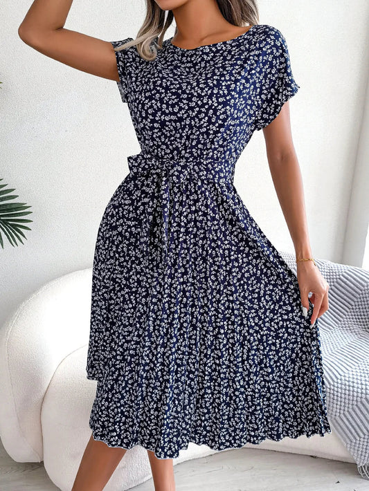 Geblümtes Plissee A-Linien Maxikleid