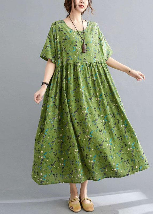 Marga® | Grünes Kreisprint O-Ausschnitt Sommer Lockeres Maxikleid mit halblangen Ärmeln