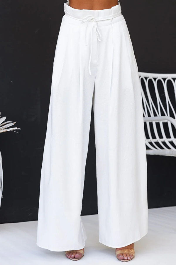 Leinenmischung Oberteil mit Schlitz vorne und weite Hose Set