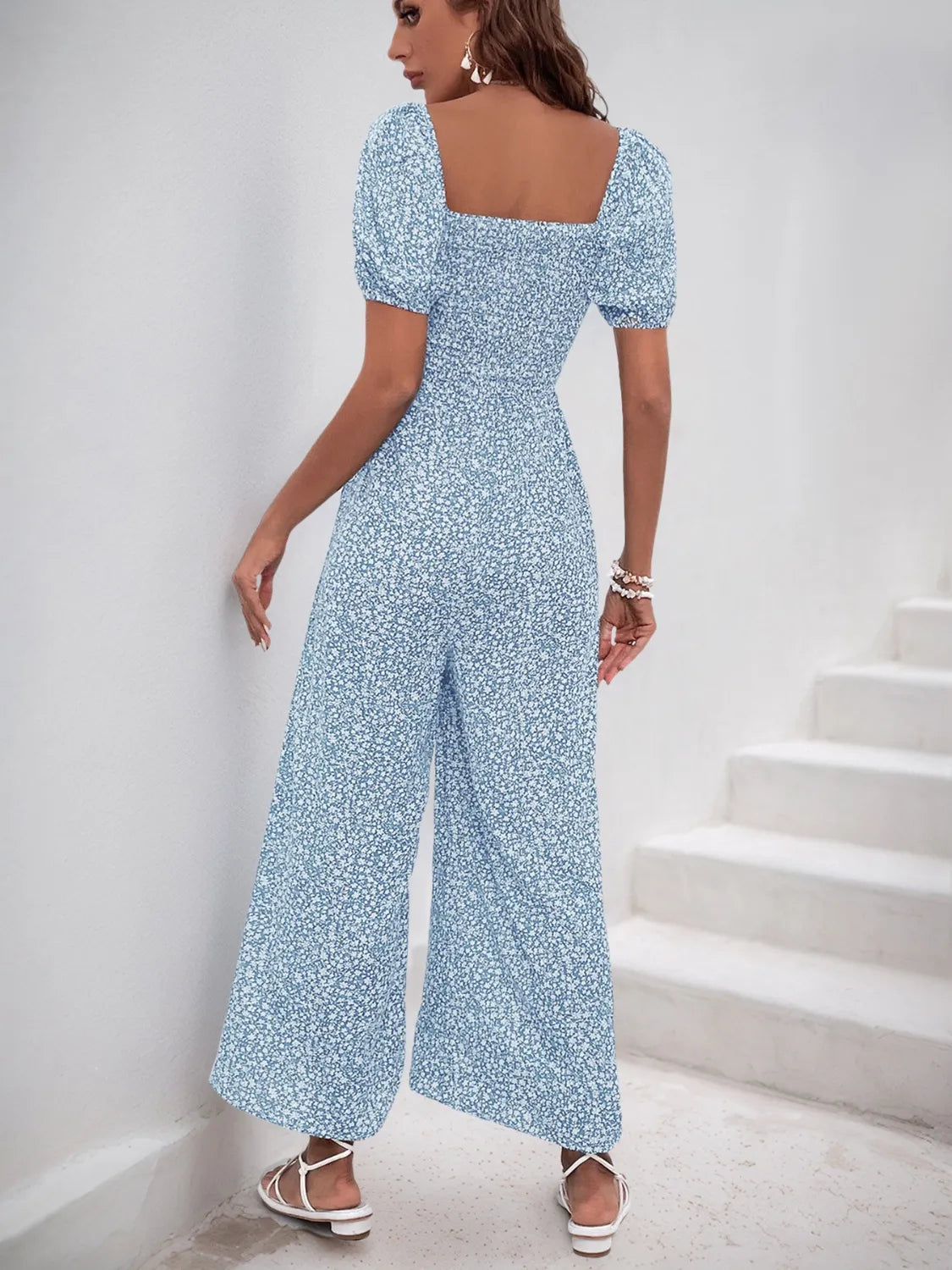 Damen Jumpsuit mit bedrucktem Karree-Ausschnitt und Puffärmeln