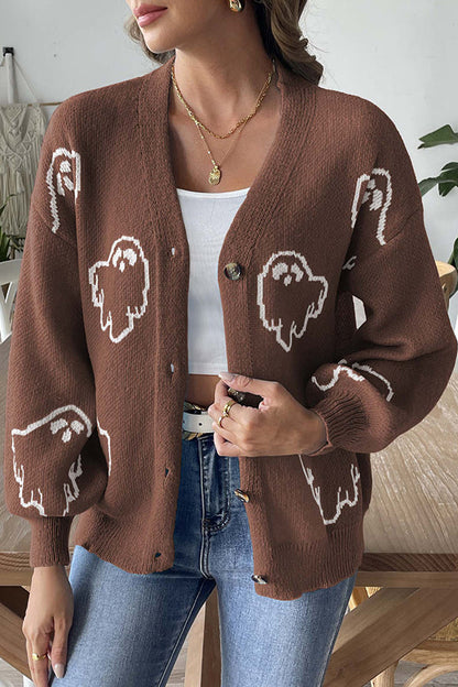 Gemütlicher gestrickter Halloween-Geister-Pullover mit Knopfleiste
