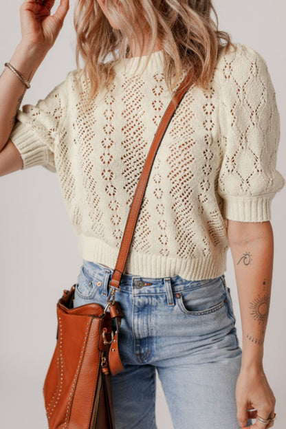 Lyann® | Ausgehöhlter Rundhalsausschnitt Halbarm Strickpullover