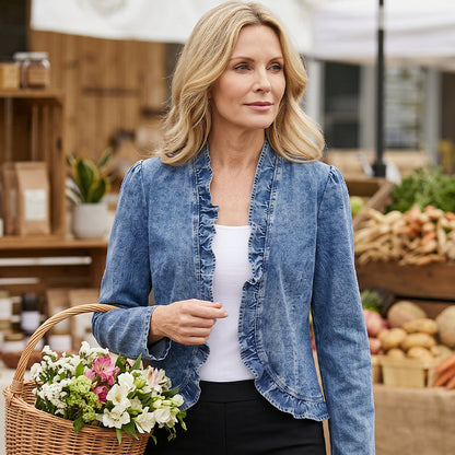 Damen-Jeansjacke mit Rüschensaum und offenem Frontverschluss