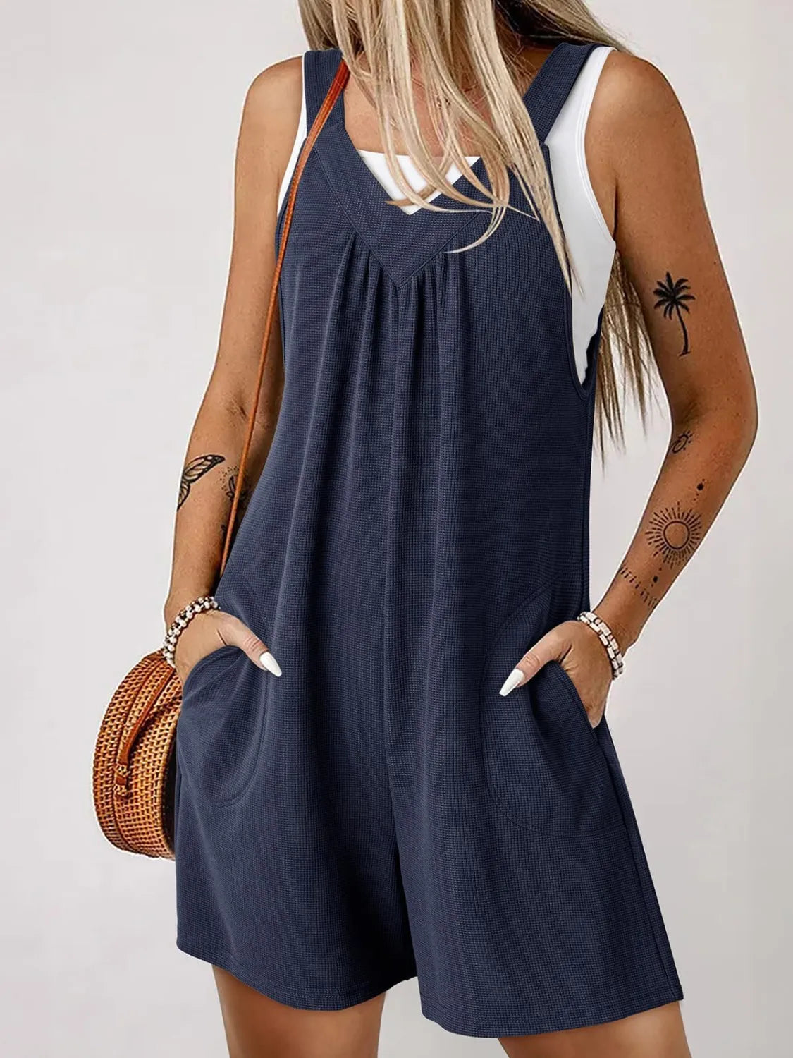 Damen V-Ausschnitt Jumpsuit mit breiten Trägern, lässig