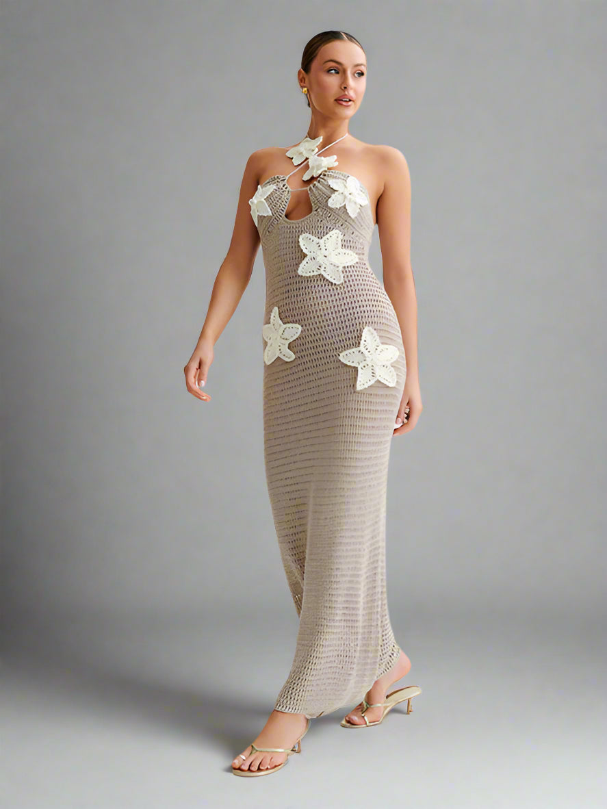 Oli® | Elegantes Strickkleid mit Hohlsaum, ärmellos, Neckholder und Bindeband