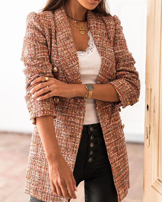 Eleganter langer kariert Tweed-Blazer für schicke Schicht-Looks