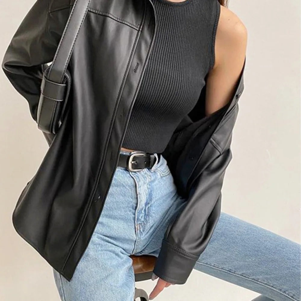 Vintage Leder-Bomberjacke mit Reverskragen und Knopfverschluss