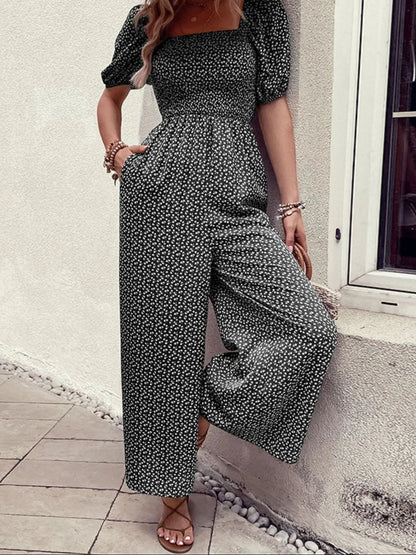 Damen Jumpsuit mit bedrucktem Karree-Ausschnitt und Puffärmeln