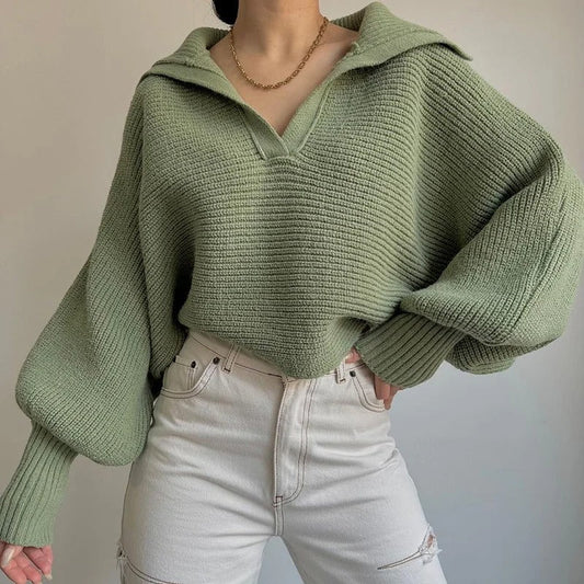Gemütlicher Strickpullover mit Laternenärmeln und offenem Kragen