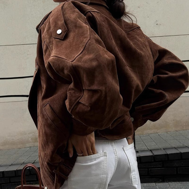 Oversize Bomberjacke im Wildleder-Look mit asymmetrischem Reißverschluss