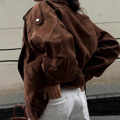Oversize Bomberjacke im Wildleder-Look mit asymmetrischem Reißverschluss