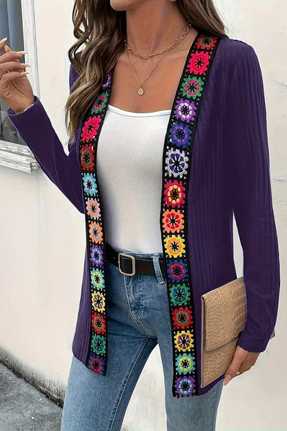 Boho Strickcardigan mit Blumenrand und langen Ärmeln
