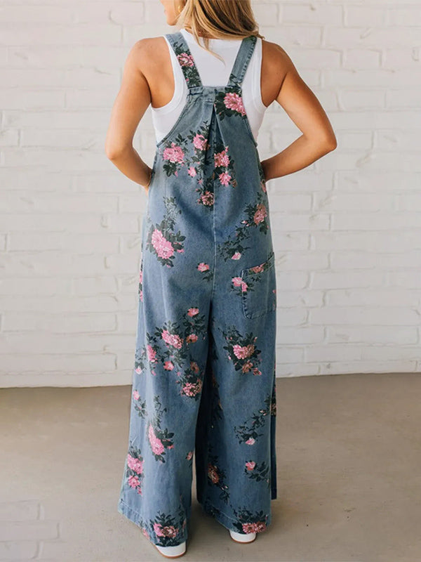 Jeans-Latzhose mit weitem Bein und Blumenmuster