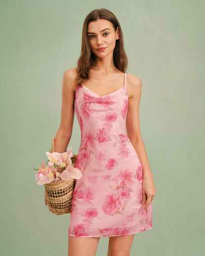 Rosa Blumen Cowl Neck Slip Mini Kleid