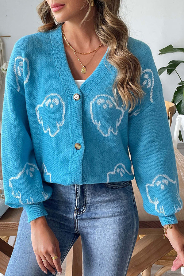 Gemütlicher gestrickter Halloween-Geister-Pullover mit Knopfleiste