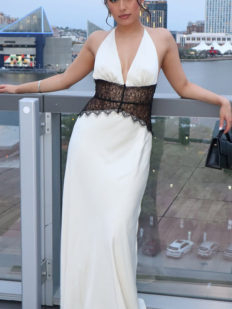 Maxikleid mit Neckholder, Spitzenbesatz und rückenfreiem Design