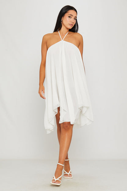 Weißes Chiffon-Halfter-Asymmetrisches Mini-Kleid