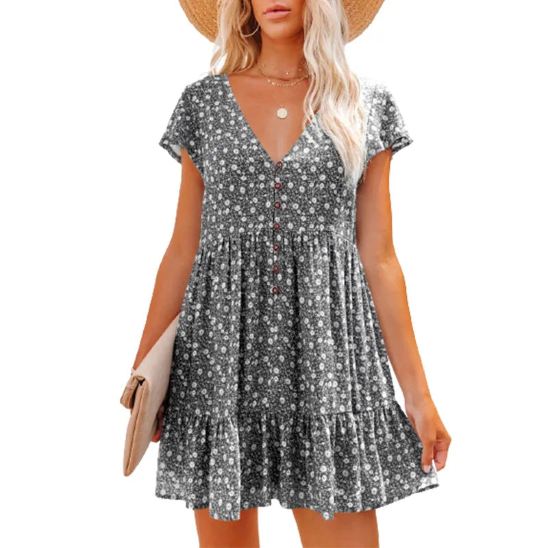 Damen Sommer Blumen V-Ausschnitt A-Linien Minikleid