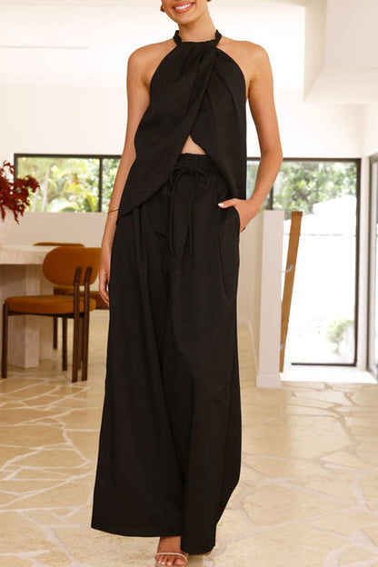 Leinenmischung Oberteil mit Schlitz vorne und weite Hose Set