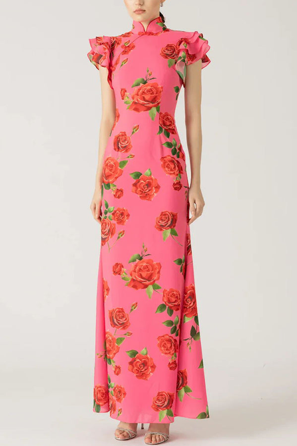 Floral Cheongsam Maxikleid mit eleganten ausgestellten Ärmeln