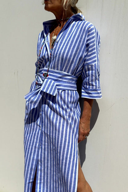 Midi-Kleid mit gestreiftem Schleifengürtel