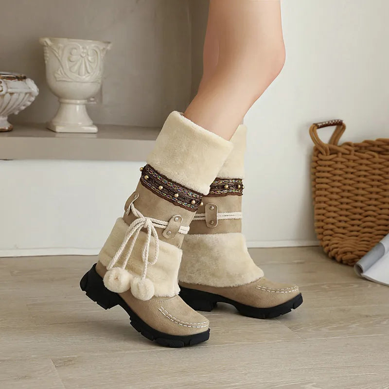 Boho Chic Kunstwildleder knielange Winterstiefel