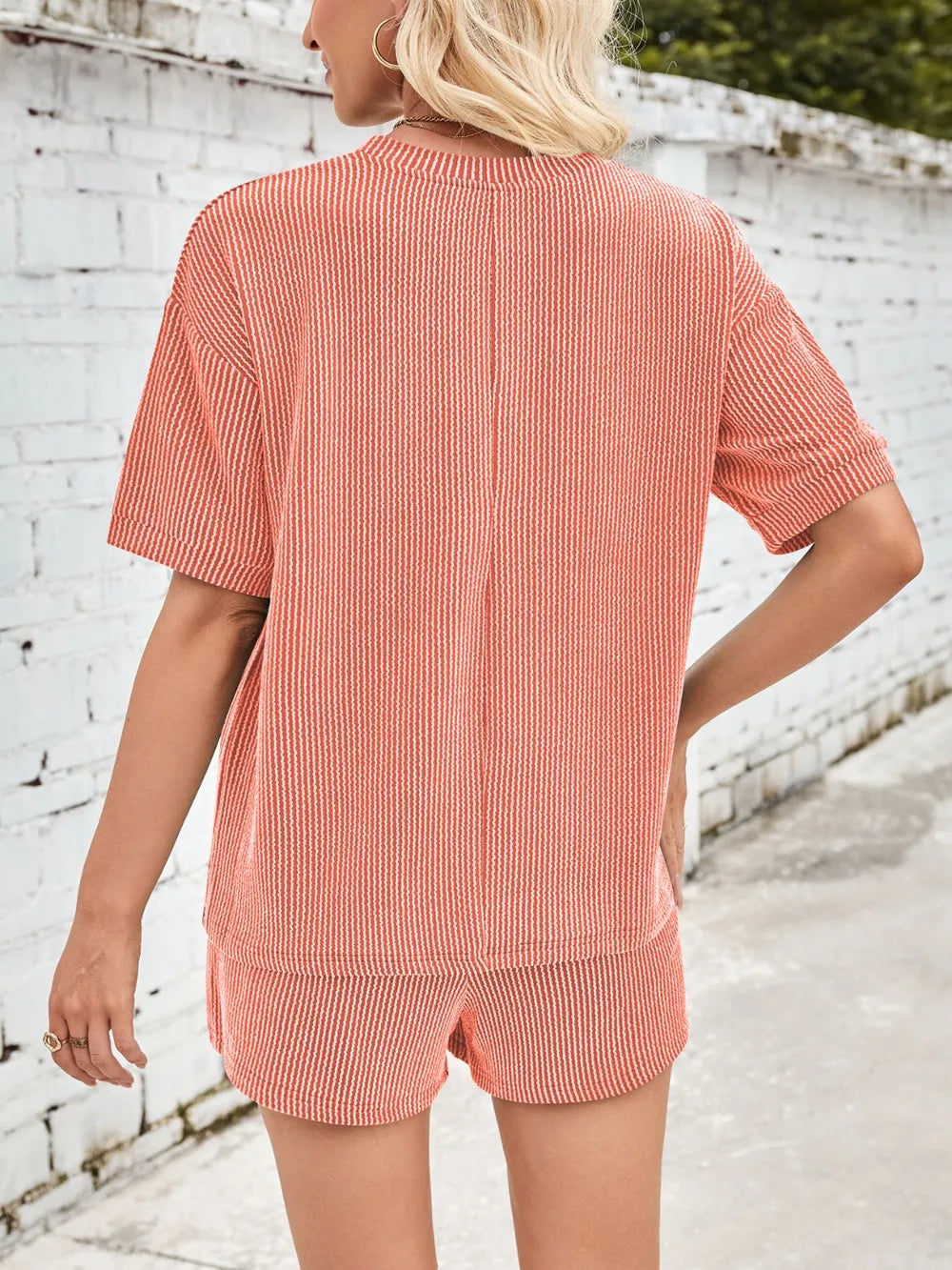 Damen Rundhals Halbarm Oberteil und Shorts mit Kordelzug Set