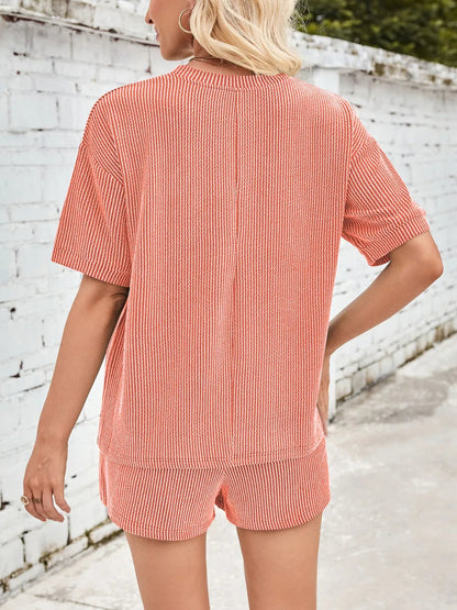 Damen Rundhals Halbarm Oberteil und Shorts mit Kordelzug Set