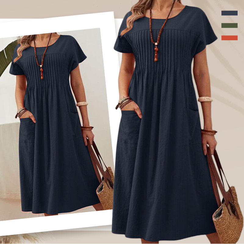 Plissiertes Midikleid mit kurzen Ärmeln und Taschen