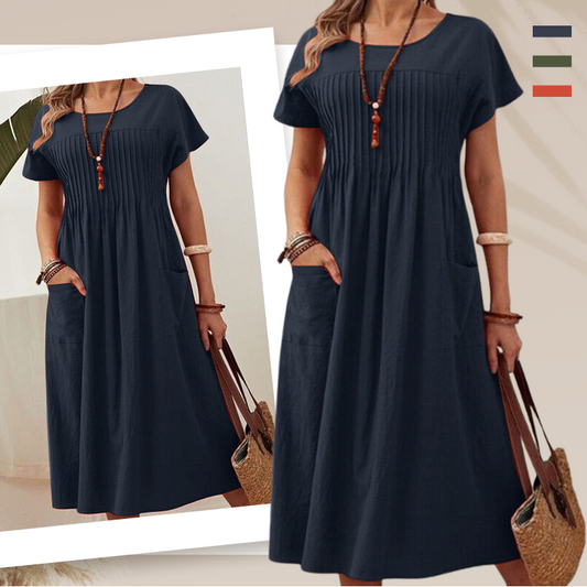 Plissiertes Midikleid mit kurzen Ärmeln und Taschen