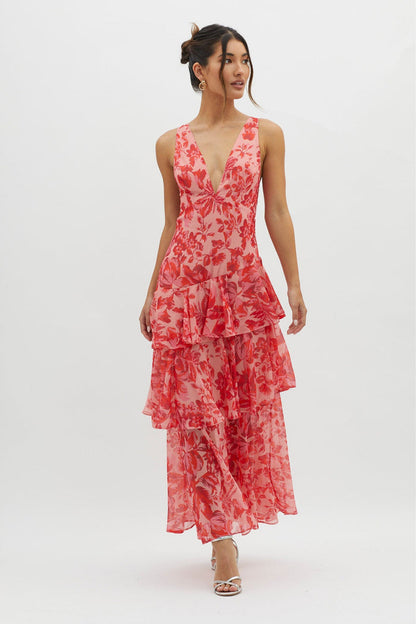 Maxikleid mit Trägern, Blumenmuster und Volants für mühelose Sommerstimmung